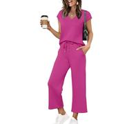 Saloogoe Ensembles deux pièces pour femme Tenues d'été Ensembles de détente Ensembles Col en V Tops Jambe Large Pantalon Femme Vacances Voyage Tenues, rose, XX-Large