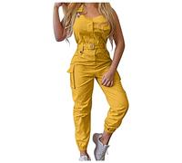 Salopette cargo stretch pour femme - Couleur unie - Bandeau - Coupe ajustée - Avec poches et ceinture réglable - Avec poches et bretelles spaghetti réglables, Z-1 jaune, XL