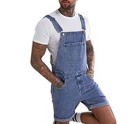 Salopette courte en jean pour homme - Salopette de travail extensible - Combinaison de jogging d'été pour homme - Salopette courte baggy - Jambe droite - Pantalon de travail - Bretelles, bleu, XXL