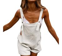 Salopette courte pour femme en coton et lin - Combinaison sans manches - Combinaison d'été - Bretelles décontractées - Short - Coupe ample - Pantalon chaud - Pantalon de loisirs - Salopette pour