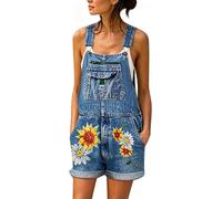 Salopette courte pour femme - Short cargo - Jeans Boyfriend - Denim - Combinaison ample - Courte - Salopette de travail - Salopette d'été avec imprimé floral - Short Rompers - Pantalon en jean rétro