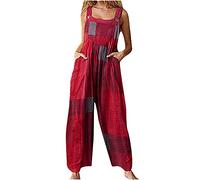 Salopette de Travail Femme Coton Lin- Salopette Ample Grande Taille à Blocs de Couleurs Coloré Épissage Combinaisons Larges Bretelles avec Poches Casual Large Pas Cher Pantalon Combipantalon