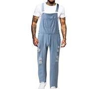 Salopette de travail pour homme, extensible, déchirée, longue, en coton, avec boutons, coupe ample, coupe droite, coupe droite, en denim, ample, bleu clair, 3XL