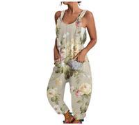 Salopette d'été élégante pour femme - Combinaison vintage imprimée - Ample - Décontractée - Sans manches - Bandoulière réglable - Combinaison baggy avec poches, V - kaki, XL