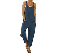 Salopette d'été en tissu pour femme - Couleur unie - Léger - Aéré - Pantalon long en lin - Pantalon ample à bretelles - Sans manches