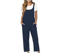 Salopette en coton et lin pour femme - Combinaison à jambe large vintage de couleur unie avec poches - Pantalon de travail grande taille pour bureau, vacances et usage quotidien (01 bleu marine, L)