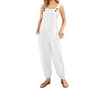 Salopette en coton et lin pour femme - Sans manches - Style décontracté - Solide - Tenue de travail - Coupe ample - Jambe large - Pantalon sarouel avec poches, blanc, M