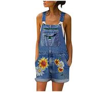 Salopette en jean Ample Femme Boho Combinaison courtes avec Poches Pantalon d'été Rétro Fleurs Barboteuses Salopette en Jean Long Pantacourte Large short à Bretelles
