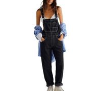 Salopette en jean décontractée pour femme avec bretelles ajustables, coupe ample, poches, style classique baggy et élastique, Noir , L