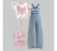 Salopette en jean longue pour filles, couleur bleu clair délavé au sel, style décontracté et mignon pour toutes les saisons, poches avec broderie de nœud rose, design élastique à la taille, coupe ampl