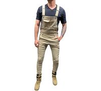 Salopette en jean pour homme avec bretelles réglables - Style décontracté et léger - Coupe ajustée, Kaki Salopette en jean pour homme, M
