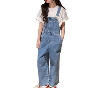 Salopette en jean rétro pour fille - Pantalon long - Coupe ample - Combinaison décontractée en jean pour enfants de taille moyenne et grande - Chaîne pour pantalon pour filles (bleu clair, 5-6 ans)