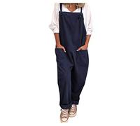 Salopette en lin pour femme - Salopette ample classique et élégante - En coton doux - Combinaison ample - Bretelles réglables avec poches, bleu marine, S