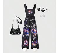 Salopette en maille à imprimé étoiles pour préadolescentes, à la mode pour la rentrée scolaire, tenue personnalisée, idéale pour le printemps, l'été et l'automne. 8Y,9Y,10Y,11Y,12YCartoon,Géométrique,