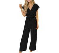 Salopette Femme Élégant Curvy Pantalon de Combinaison Femme Baggy Overall Sans Manches Col en V Complet Jambe Large Longue Combinaisons Femme Élégant Chic Rompers Robe Casual Cocktail, Noir , L
