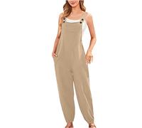 Salopette Femme en Lin Ample en Coton Vetement Soldes Salopettes Jambe Large Combinaison Pantalon Décontracté avec Poches Ample Jumpsuit Bretelles Fines Grand Baggy Doux Confort Playsuit Pas Cher