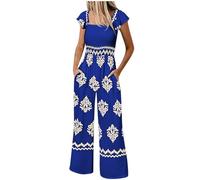 Salopette Femme en Lin Ample Respirant Combinaison Pantalon Fluide Été Jambes Larges Grande Taille Bretelles Coupe Droite Palazzo Salopettes de Travail Chic Imprimé Bohème Rétro Jumpsuit Plage