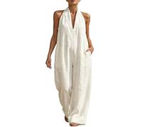 Salopette Femme En Lin Été Ample Et Respirant Pantalon Coupe Palazzo Halter Playsuit En Lin Et Coton Jumpsuit De Plage Jambes Larges Chic Salopettes De Travail Avec Poches