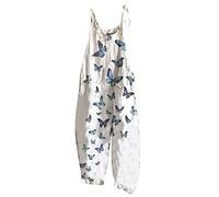 Salopette Femme Ete Fluide Salopettes en Lin Casual Boho sans Manches Combinaisons Salopette D'Été Lâche Imprimé Large Jambe Floral Barboteuses Longue Combishort avec Poche Vacances Plage Pas Cher