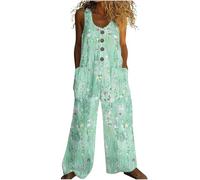 Salopette Femme Lin Coton Ample Respirant Combinaison Pantalon Fluide Été Jambe Large Grande Taille Coupe Droite Palazzo Salopettes de Travail Chic Jumpsuit de Plage Imprimé Bohème Rétro