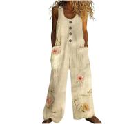 Salopette Femme Lin Coton Ample Respirant Combinaison Pantalon Fluide Été Jambe Large Grande Taille Coupe Droite Palazzo Salopettes de Travail Chic Jumpsuit de Plage Imprimé Bohème Rétro