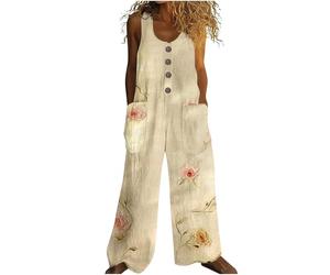 Salopette Femme Lin Coton Ample Respirant Combinaison Pantalon Fluide Été Jambe Large Grande Taille Coupe Droite Palazzo Salopettes de Travail Chic Jumpsuit de Plage Imprimé Bohème Rétro