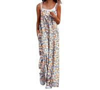 Salopette pour Femme - Combinaison à Jambes Larges Salopette Femme Combinaison Boheme Motif à Fleurs Fluide Salopette ete sans Manches Ample Jumpsuit avec Poche Décontractée Overalls