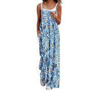 Salopette pour Femme - Combinaison à Jambes Larges Salopette Femme Combinaison Boheme Motif à Fleurs Fluide Salopette ete sans Manches Ample Jumpsuit avec Poche Décontractée Overalls