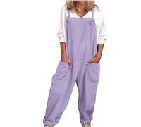 Salopette pour femme - Grandes tailles - Sans manches - Coton et lin - Bretelles - Couleur unie - Jambe large - Pantalon d'été - Jambe droite - Coupe ample - Pantalon de travail décontracté avec