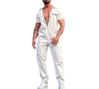 Salopette pour homme à manches courtes avec fermeture éclair et deux poches pour l'été décontracté couleur unie salopette coupe régulière avec poches poitrine Pantalon de charpentier classique, blanc,