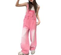 Salopette vintage décontractée en jean pour fille - Salopette ample et effet vieilli - Réglable - Jambe large - Combinaison pour enfants - Y2K - Style hip-hop - Streetwear, rose, 9-10 ans