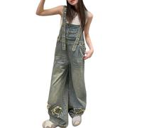 Salopette vintage décontractée en jean pour fille - Salopette ample et effet vieilli - Réglable - Jambe large - Combinaison pour enfants - Y2K - Style hip-hop - Streetwear, bleu marine, 7-8 ans