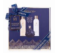 Salsa ESSENCE OF BEAUTY Coffret cadeau de douche pour femme avec lotion pour le corps, gel douche, gommage et éponge en maille, 4 pièces - Idée cadeau luxorieuse, parfum : thé blanc et néroli