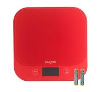 Salter British Bakes Digitale Küchenwaage - Hohe Kapazität von 10 kg, misst Flüssigkeiten, wasserdicht, Zuwiegefunktion, Glasplattform, 1g Genauigkeit, Rot