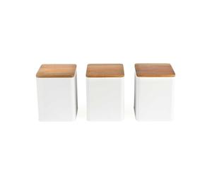 Salter BW12898WEU7 Toronto ensemble de 3 boîtes - boîtes de stockage pour thé, café, sucre, fini mat enduit de poudre, couvercles en bois d'acacia, nettoyage facile, bocaux compacts, blanc