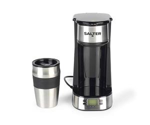 Salter Cafetière Digitale, Machine à Café Filtre Une Tasse, Minuteur 24 Heure Programmable, Filtre Lavable et Réutilisable, Comprend un Mug de Voyage en Acier Inoxydable 420ml, Infusion en 3-4 Minutes