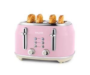 Salter EK5739PNK Retro 4-Slice Toaster - Wide Slots, 6 Browning Levels, Defrost, Reheat, Cancel Functions, Removable Crumb Tray, Extra Thick Bread/Bagels, High-Lift Eject, Self-Centring, 1630W, Pink
