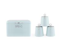 Salter Retro Bleu Ensemble de 4 pièces pour plan de travail - Boîte à pain, boîtes à thé, café et sucre, contenants de stockage pour aliments secs, acier robuste, lettrage embossé élégant