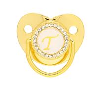 Saluaqui Pacificateur de bébé doré Ergonomique avec Clips et Initiales Bling | Matériau sans Silicone et sans BPA | Conception de l'alphabet Sûr pour 6 à 18 Mois bébé | Pacification Légère pour le