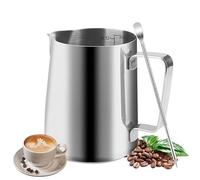 Salubohum Pot à Lait, 350ml Mousseur à Lait, Pichet Lait Inox avec Échelle, Aiguille pour Latte Art Incluse, Adapté aux Baristas pour la Préparation de Cappuccino, Espresso et Latte (Argent)