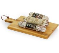 SALUMI PASINI IL GUSTO DELL'ECCELLENZA Emballage cadeau Tritico du Goût | 1 Salame Campagnolo 270 g + Grand Filetto 170 avec vin moussant de Lombardia planche à découper en acacia