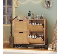 Salutmeuble Armoire à chaussures en rotin étroite avec 4 rabats cachés et étagères réglables pour entrée, couloir, 100 x 24 x 88 cm, couleur bois