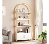 Salutmeuble Bibliothèque Arquée avec 2 Portes,182cm, Bibliothèque Ouverte à 4 Niveaux avec Cadre Métallique Robuste, étagère d'Exposition Autoportante pour Salon, Chambre à Coucher