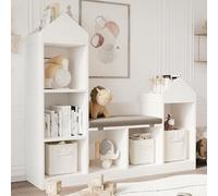 Salutmeuble Bibliothèque Enfant avec Coussin, 6 Cubes Meuble de Rangement Jouet, avec Anti-basculement, Forme de Toit Unique, pour Jardins d'enfants, Aux Crèches et à la Maison, Blanc