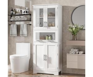 Salutmeuble Colonne Salle de Bain Haute, Armoire Salles de Bain Rangement 4 Portes et 5 Niveaux,avec Verre Transparent et Étagères Réglables, Anti-Basculement,170x60X30cm, Blanc