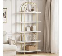 Salutmeuble Étagère Doré Arquée,Bibliothèque Ouverte à 5 Niveaux avec Structure Métallique, Présentoir Autoportant pour Chambre à Coucher, Salon, Bureau à Domicile, Doré + Blanc Marbré