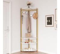 Salutmeuble Porte-Manteau Arbre d'angle avec banc à chaussures 6 crochets et étagère de rangement Porte-manteau autoportant avec 3 étagères Banc à chaussures Arbre à manteaux pour entrée, salon, dore