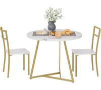 Salutmeuble Set Table à Manger pour 2, Table de Cuisine et Chaises pour 2, 3 Pièces Table de Petit Déjeuner et Tabouret Set pour Petite Pièce, Appartement, Salle à Manger, Studio, Marbre Blanc Or