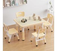 Salutmeuble Table Enfant avec 4 Chaises, Ensembles de Table et Chaise Enfant pour Maternelle Creche,Réglables en Hauteur,avec Plateau Graffité et Coussin Anti-dérapant-Couleur Bois