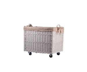 Salux panier en osier pour bûches avec garniture en jute, avec poignées et roulettes TheWickerStories